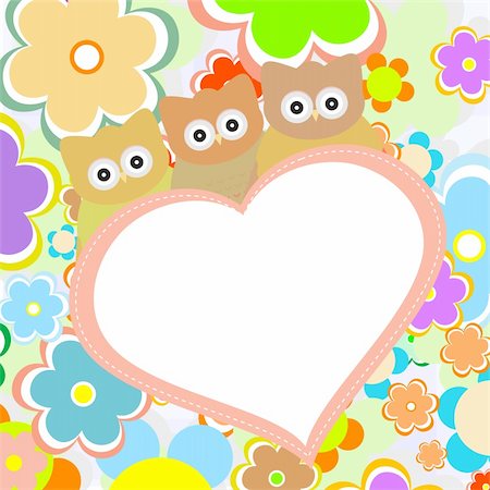 flower border design of rose - owls in flowers with big heart. vector greetings card Foto de stock - Super Valor sin royalties y Suscripción, Código: 400-06069387