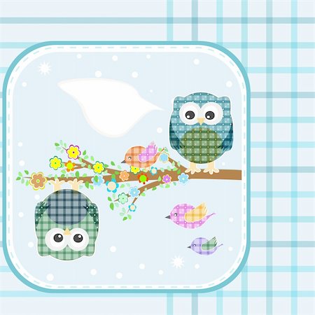 Two owls and birds on the tree. Vector illustration Stock Photo - Budget Royalty-Free & Subscription, Code: 400-06069389