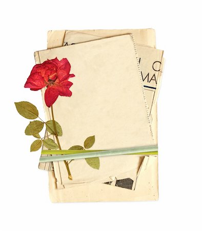 dry corrosion - Old cards and dried rose for scrapbooking design. Object isolated over white Stock Photo - Budget Royalty-Free & Subscription, Code: 400-06069760