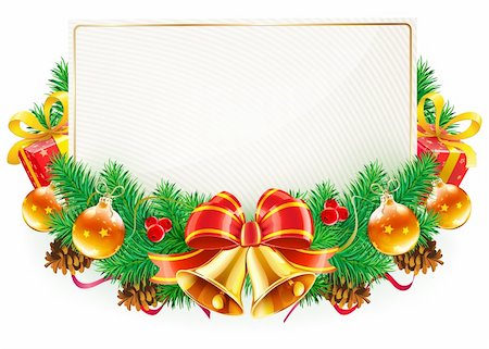 simsearch:400-05695809,k - Vector illustration of Christmas decorative frame with evergreen branches,red bow, ribbons and golden bells Stock Photo - Budget Royalty-Free & Subscription, Code: 400-06060589