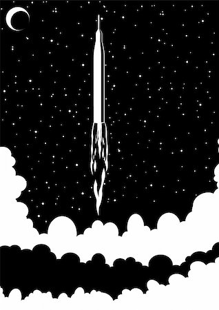 rocket flames - Space rocket launched into space. Black and white illustration Stock Photo - Budget Royalty-Free & Subscription, Code: 400-06061137