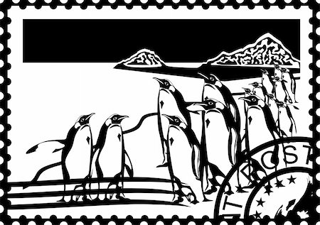simsearch:400-07087277,k - Postage stamp with a picture of penguins and postal stamp. Black and white illustration. Photographie de stock - Aubaine LD & Abonnement, Code: 400-06061482