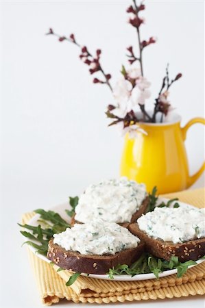 Cheese snack on rye bread and a bouquet Stock Photo - Budget Royalty-Free & Subscription, Code: 400-06061624