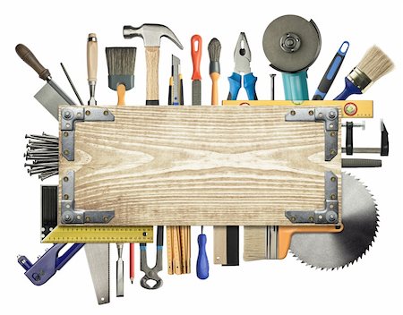 simsearch:400-08674267,k - Carpentry, construction background. Tools underneath the wood plank. Photographie de stock - Aubaine LD & Abonnement, Code: 400-06062048