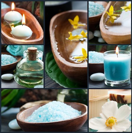 simsearch:400-05902613,k - Spa collage series. Spa collage made of five images. Floral water, bath salt, candles and towel. Foto de stock - Royalty-Free Super Valor e Assinatura, Número: 400-06062206
