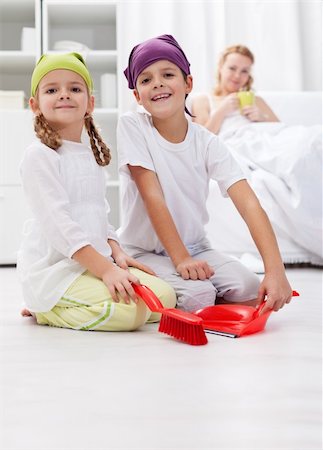 Kids cleaning the room helping  their sick  mother Stock Photo - Budget Royalty-Free & Subscription, Code: 400-06062994