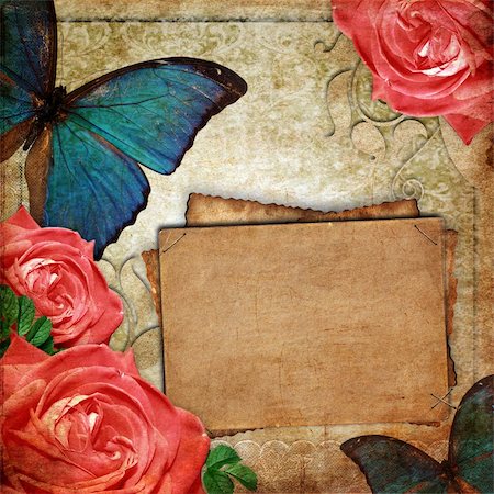 scrapbook for birthday - Vintage card for the holiday with flowers and butterfly on the abstract background Stock Photo - Budget Royalty-Free & Subscription, Code: 400-06063401