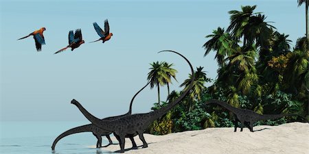 simsearch:400-07039388,k - Three Diplodocus dinosaurs come to the water's edge for a cool drink in a hot tropical region. Stockbilder - Microstock & Abonnement, Bildnummer: 400-06063714