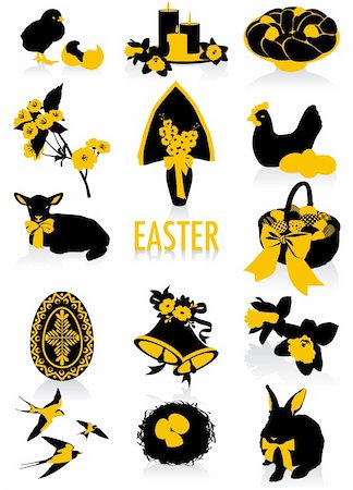 Two-tone silhouettes of Easter objects, part of a new collection of lifestyle objects. Fotografie stock - Microstock e Abbonamento, Codice: 400-06074229