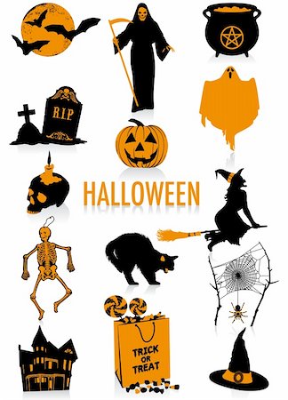 Two-tone silhouettes of Halloween objects, part of a new collection of lifestyle objects. Photographie de stock - Aubaine LD & Abonnement, Code: 400-06074230