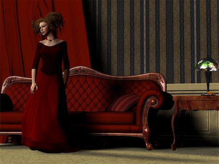 A beautiful women poses in a red dress in room full of luxury Victorian furniture. Stock Photo - Budget Royalty-Free & Subscription, Code: 400-06074607