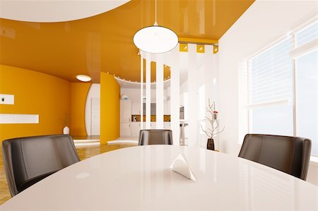 scovad (artist) - Interior design of modern dining room and kitchen 3d render Photographie de stock - Aubaine LD & Abonnement, Code: 400-06075384