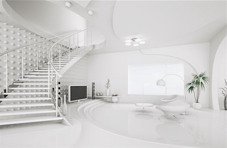 Modern interior design of white living room with staircase 3d render Stock Photo - Budget Royalty-Free & Subscription, Code: 400-06075389