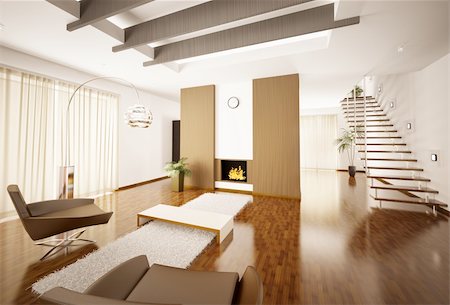 Modern apartment interior with fireplace and staircase 3d render Stock Photo - Budget Royalty-Free & Subscription, Code: 400-06075396