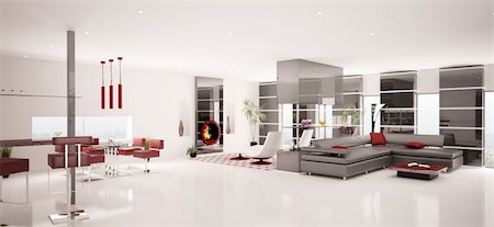 Interior of modern white living dining room panorama 3d render Stock Photo - Budget Royalty-Free & Subscription, Code: 400-06075391