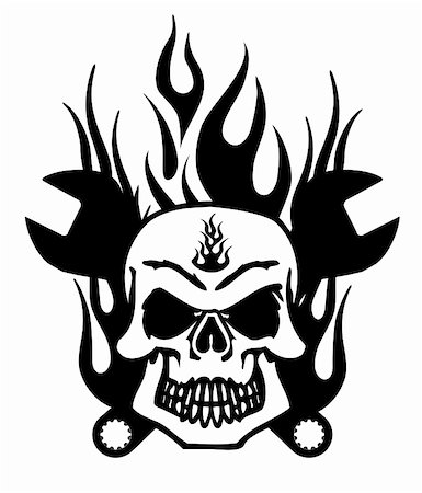 simsearch:400-05358582,k - Bikers Skull Symbol with Mechanics Wrench and Flames Illustration Stock Photo - Budget Royalty-Free & Subscription, Code: 400-06076173