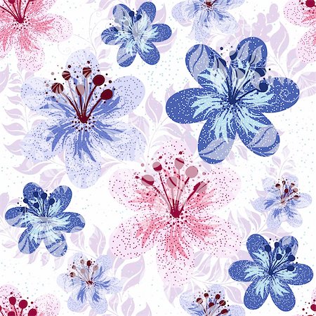 simsearch:400-05922161,k - Seamless pink and white-blue floral pattern with flowers and translucent leaves (vector EPS 10) Photographie de stock - Aubaine LD & Abonnement, Code: 400-06077444