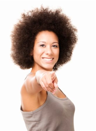 simsearch:400-06065810,k - Happy Afro-American young woman isolated on white looking and pointing to the camera Foto de stock - Super Valor sin royalties y Suscripción, Código: 400-06077575