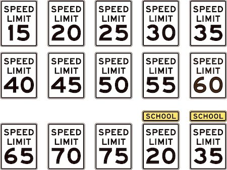 Highway Speed Limit Signs from the United States, ranging from 15 MPH to 75 MPH, including school crossing designations Stock Photo - Budget Royalty-Free & Subscription, Code: 400-06077788