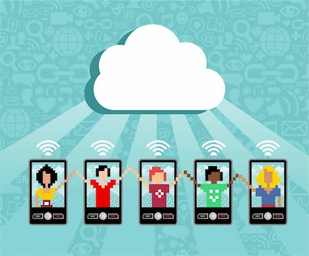 download - Cloud computing social team under cloud with cell phone connection on blue background.  Vector file available. Stock Photo - Budget Royalty-Free & Subscription, Code: 400-06078107