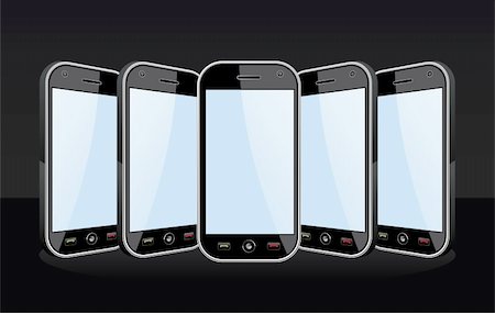 simsearch:400-06568351,k - Set of black smartphones templates on black background. You can place your own images on the screens. EPS 8 vector, cleanly built with no open shapes or strokes. Grouped and ordered in layers for easy editing. Stockbilder - Microstock & Abonnement, Bildnummer: 400-06078156