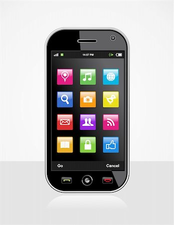 simsearch:400-06355676,k - Smartphone with colored application icons on white background. Mobile device or cell Phone vector illustration. Foto de stock - Super Valor sin royalties y Suscripción, Código: 400-06078151