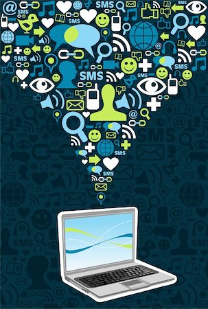 simsearch:400-05877445,k - Notebook under social media icons on blue texture background.   Vector file available. Foto de stock - Super Valor sin royalties y Suscripción, Código: 400-06078175