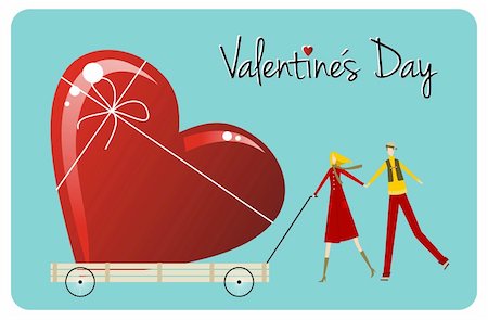 retro man woman gift - Happy Valentines day greeting card background: young couple carry a heart likes shape gift. Vector file available. Stock Photo - Budget Royalty-Free & Subscription, Code: 400-06078185