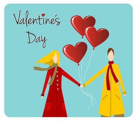 retro man woman gift - Happy valentines day greeting card background: young couple taked hands with heart likes shape balloons. Vector file available. Stock Photo - Budget Royalty-Free & Subscription, Code: 400-06078186