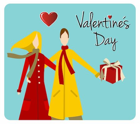 retro man woman gift - Happy valentines day greeting card background: young couple embraced with heart and gift. Vector file available. Stock Photo - Budget Royalty-Free & Subscription, Code: 400-06078187