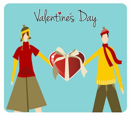 retro man woman gift - Happy Valentines day greeting card background: young couple holds a heart likes shape gift. Vector file available. Stock Photo - Budget Royalty-Free & Subscription, Code: 400-06078188
