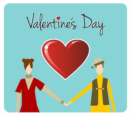 retro man woman gift - Happy valentines day greeting card background: young couple taked hands with heart likes shape. Vector file available. Stock Photo - Budget Royalty-Free & Subscription, Code: 400-06078181