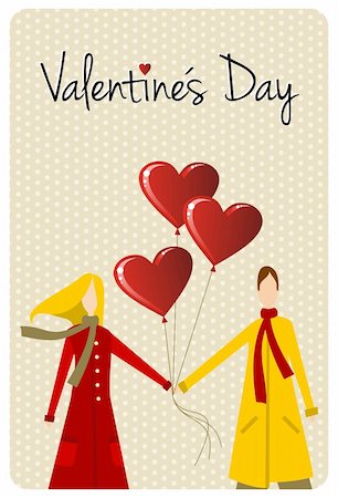 retro man woman gift - Happy valentines day greeting card background: young couple taked hands with heart likes shape balloons. Vector file available. Stock Photo - Budget Royalty-Free & Subscription, Code: 400-06078190