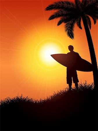 simsearch:400-04389594,k - Silhouette of a surfer against a tropical background Stock Photo - Budget Royalty-Free & Subscription, Code: 400-06078551