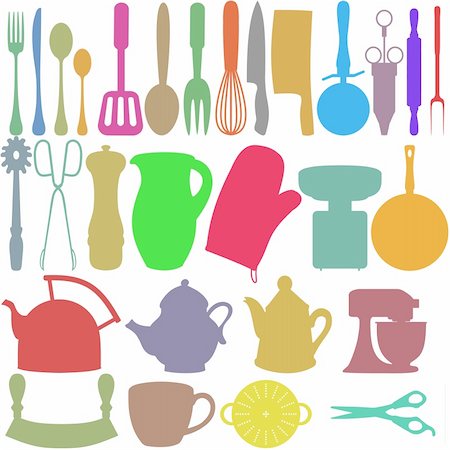Colourful silhouettes of Kitchen utensils and objects Stock Photo - Budget Royalty-Free & Subscription, Code: 400-06078669