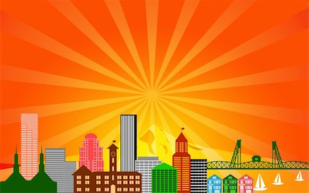 simsearch:400-06093657,k - Portland City Oregon Skyline Panorama Color Silhouette with Sun Rays Clip Art Illustration Stock Photo - Budget Royalty-Free & Subscription, Code: 400-06079078