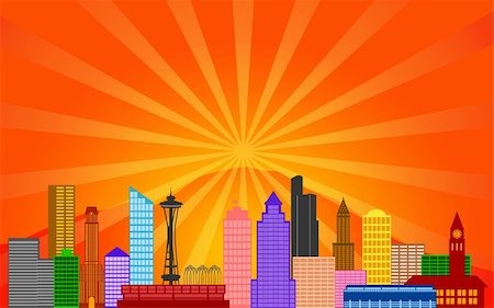 simsearch:400-07104696,k - Seattle Washington City Skyline Panorama Color Silhouette with Sun Rays Clip Art Illustration Foto de stock - Super Valor sin royalties y Suscripción, Código: 400-06079080