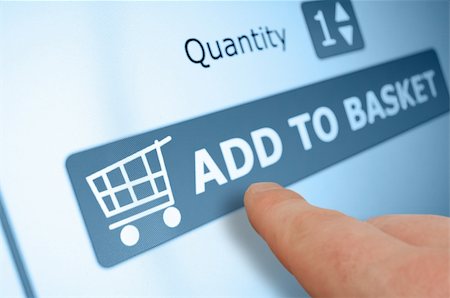 Online Shopping - Finger Pushing Add To Basket Button On Touchscreen Stock Photo - Budget Royalty-Free & Subscription, Code: 400-06079382