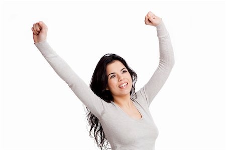 simsearch:400-04343310,k - Happy young woman with arms up, isolated against a white background Photographie de stock - Aubaine LD & Abonnement, Code: 400-06070458