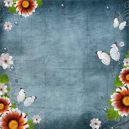 Vintage Floral design background  flowers and butterflies Stockbilder - Microstock & Abonnement, Bildnummer: 400-06070828