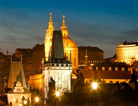 prague bridge - czech republic prague - charles bridge tower and st. nicolas church at dusk Stock Photo - Budget Royalty-Free & Subscription, Code: 400-06070920