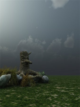 spooky field - tree stump with face under cloudy  sky - 3d illustration Photographie de stock - Aubaine LD & Abonnement, Code: 400-06071292