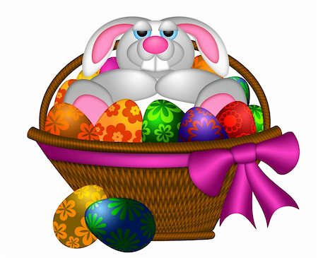 fat person sleeping - Cute Happy Easter Bunny Rabbit Laying Inside Basket of Colorful FLoral Pattern Eggs Illustration Isolated on White Background Stock Photo - Budget Royalty-Free & Subscription, Code: 400-06072219