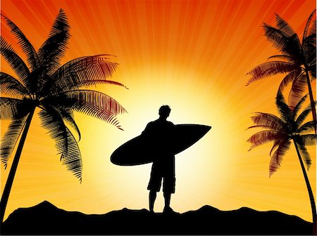 simsearch:400-04389594,k - Silhouette of a surfer against a tropical background Stock Photo - Budget Royalty-Free & Subscription, Code: 400-06072356