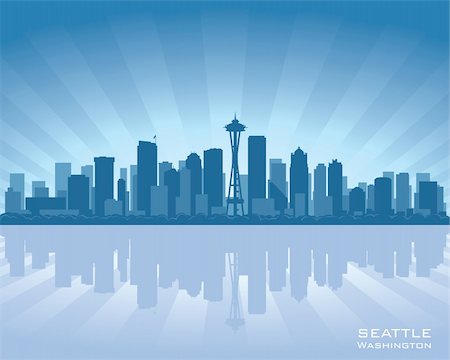 eiskratzer - Seattle, Washington skyline illustration with reflection in water Stockbilder - Microstock & Abonnement, Bildnummer: 400-06072481