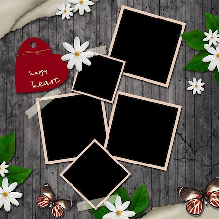 Blank instant photos and small red heart on old wooden grunge background Stock Photo - Budget Royalty-Free & Subscription, Code: 400-06072508