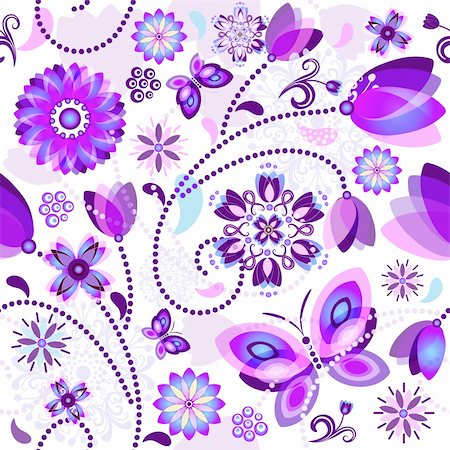 simsearch:400-05922161,k - Seamless spring floral pattern with violet and blue translucent flowers and butterflies (vector EPS 10) Photographie de stock - Aubaine LD & Abonnement, Code: 400-06072529