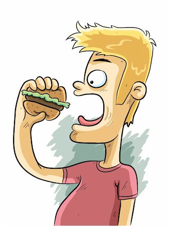 cartoon illustration of hungry man eating a burger Photographie de stock - Aubaine LD & Abonnement, Code: 400-06073259