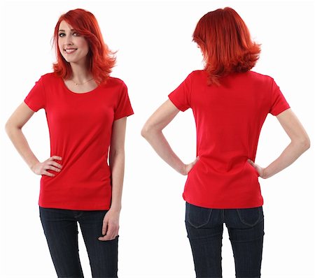 simsearch:400-07748288,k - Young beautiful redhead female with blank red shirt, front and back. Ready for your design or artwork. Stock Photo - Budget Royalty-Free & Subscription, Code: 400-06073252