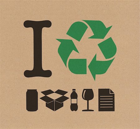 sorting recycling - I recycle, green recycle sign and differents material icons on cardboard texture Stock Photo - Budget Royalty-Free & Subscription, Code: 400-06073327